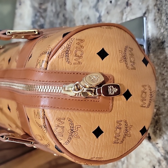 MCM EUC Visetos Monogram Barrel Bag Handbag Cognac Tube Purse - Picture 4 of 13